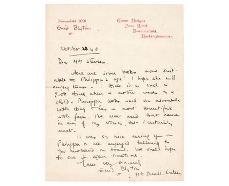 * Blyton (Enid, 1897-1968). Autograph letter signed 'Enid Blyton (Mrs Darrell Waters)', Green Hedges letterhead, 22 October 1