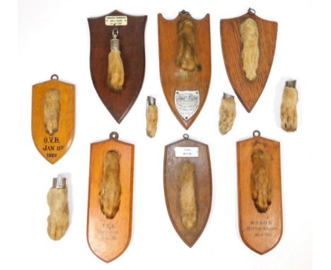 Taxidermy: A Collection of Hare Feet (Lupus timidus), circa early 20th century, four Hare feet mounted as broaches, one with 