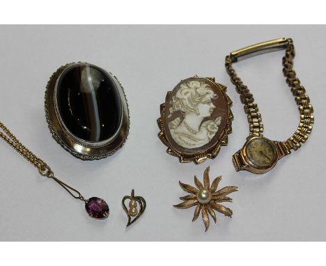 An amethyst pendant on 14ct gold chain; shell cameo brooch; banded agate brooch; pearl brooch; pearl pendant and a gold watch