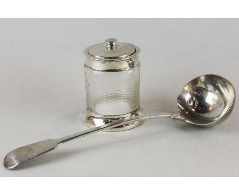 A Victorian silver fiddle pattern soup ladle, maker CB London 1896, 8.5oz, together with a silver mounted preserve jar with l