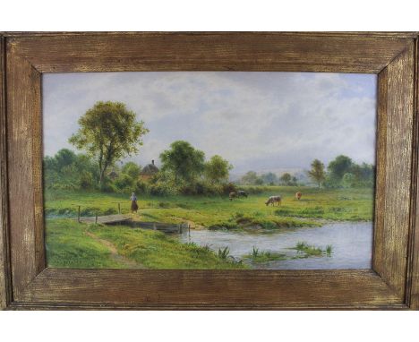 R A K Marshall (1849-1926), landscape with woman at a bridge and grazing cattle, watercolour, 35cm by 60cm