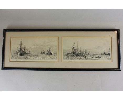 W L Wyllie (1851-1931), Royal Navy warships in the Solent, a pair of etchings mounted in a single frame, both signed in penci