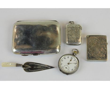 A silver cigarette case, a silver and mother of pearl 'trowel' book marker, a silver Vesta case, a silver case fob watch and 