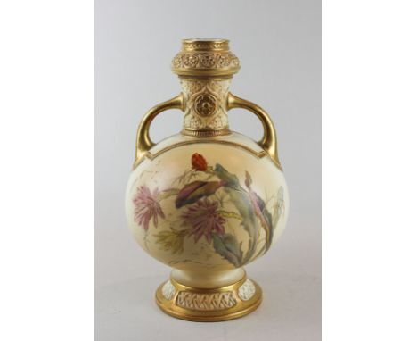 A Victorian Royal Worcester blush ivory bottle vase, hand painted with flowers and leaves, with two handles to the neck and f