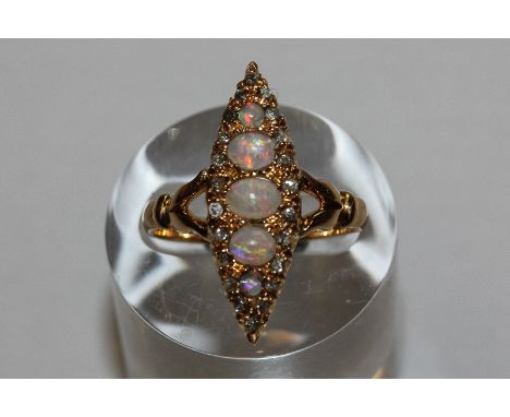 An opal and diamond ring navette shape pierced shoulders in 18ct gold, Chester circa 1910