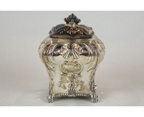 A Victorian silver tea caddy, maker Thomas Bradbury London 1894, with shell and leaf embossed decoration and vacant cartouche