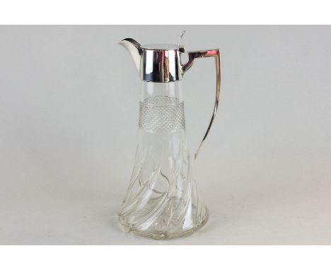 A silver mounted cut glass claret jug, maker William Hutton and Sons Ltd, with hobnail banded and whorled base (marks rubbed)