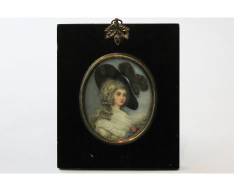 A well painted oval miniature signed L Packer, head and shoulders portrait of the Duchess of Devonshire wearing a large plume