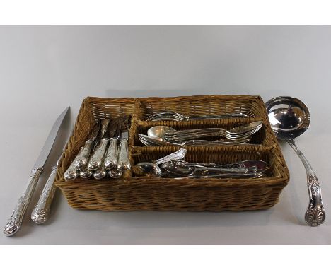 A Kings pattern plated canteen of flatware for eight settings comprising table forks, dessert forks, dessert spoons, soup spo