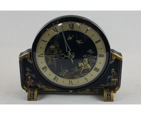 A 20th century blue lacquered and chinoiserie decorated mantel clock with circular dial and Roman numerals, 20cm high