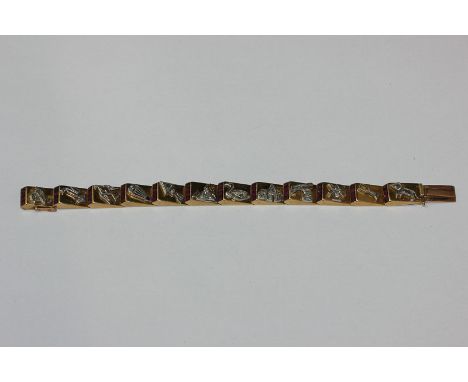 A ruby and diamond bracelet the twelve rectangular links each diamond set with four square cut rubies and with different moti