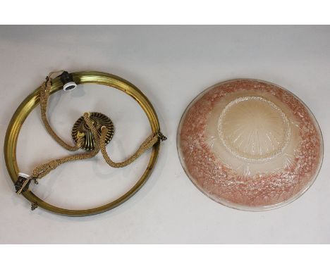 An Art Nouveau plafonnier frosted glass ceiling light by Muller Freres with moulded floral decoration and pink highlights, et