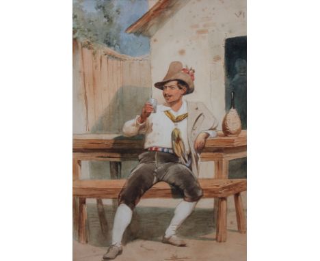 R Kochman, 19th century gentleman in hat and walking breeches, seated outside a taverna, watercolour, signed in pencil, 35cm 