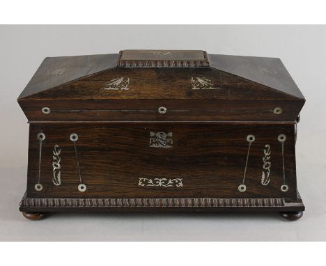A Regency rosewood and mother of pearl inlaid tea caddy with hinged top and two inner caddies and recess for blending bowl, 3