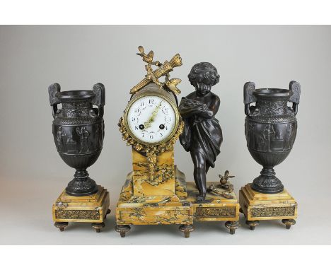 A Victorian mantel clock garniture, the clock in mottled marble case with side bronzed spelter figure of a cherub holding flo