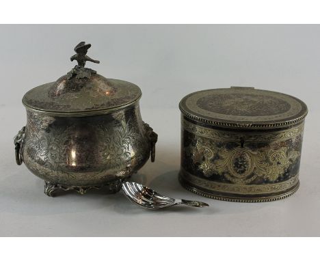 A Victorian plated tea caddy with bird finial and squat oval body and another oval engraved tea caddy (NC)