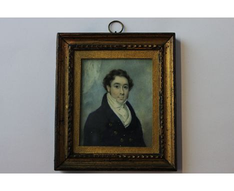 A 19th century miniature half portrait of Richard Meredith White wearing a blue coat and white shirt with high collar, rectan