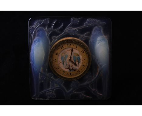 R Lalique 'Inseparables', an opalescent frosted and blue stained timepiece case, moulded mark R Lalique, and etched France, f
