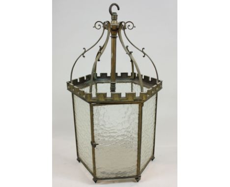 A brass lantern style hanging ceiling light with six frosted glass panels and base, height 85cm (NC)