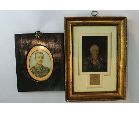 An early 20th century oval miniature portrait, head and shoulders of a young military officer in ebonized frame with acorn ho