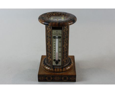 A 19th century 'Tunbridge' decorated wooden pedestal compass with circular glazed dial and pointer, with T Barton Tunbridge W