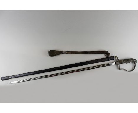 A 19th century German officers dress sword in scabbard with shagreen grip and brass guard, the blade stamped Bergman, Collani