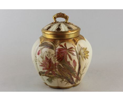 A Victorian Royal Worcester blush ivory pot-pourri jar and cover, the lobed body with hand painted flowers and enriched with 