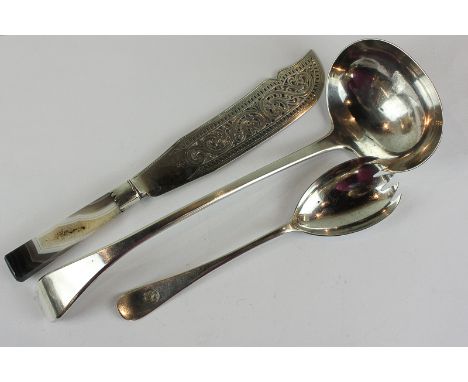 A Victorian silver and 'agate' handled fish serving knife, maker George W Adams, London 1870, with pierced blade, together wi