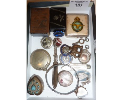 WW2 RAF Stratton compact, Victorian heart shaped locket, patch box, pill boxes, badges, silver fob medal and hallmarked fruit