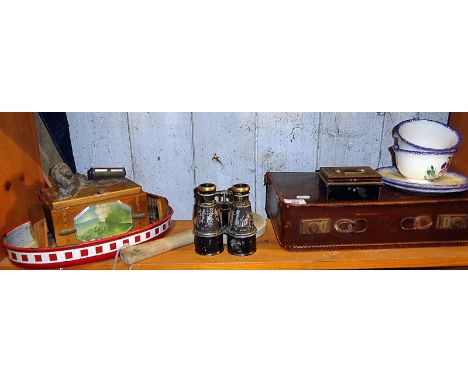 1930's novelty cigarette box with calendar on lid, field glasses, etc. (one shelf)