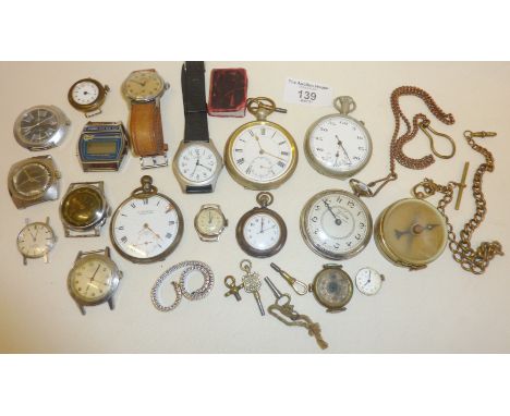 Various pocket watches, fob chains with some vintage men's wrist watches including a Casio digital watch with melody alarm