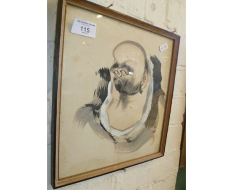 Japanese ink wash painting portrait of a sumo-type man, 11" x 10"