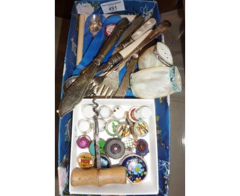 Old cutlery, vintage enamel badges, etc.