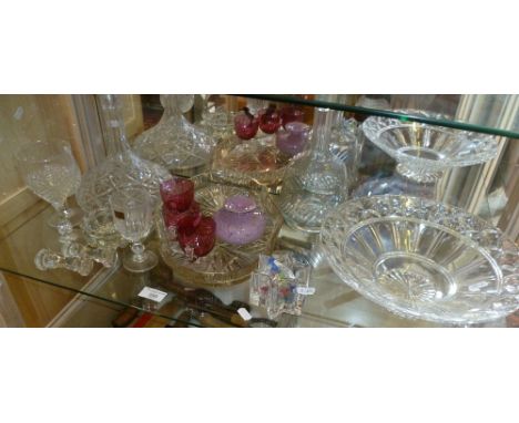 Assorted glassware on one shelf, inc. two decanters