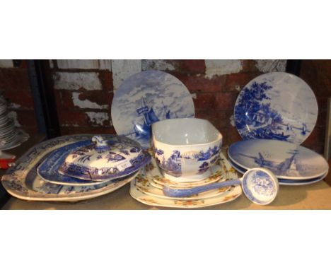 Staffordshire blue and white transfer printed soup tureen with ladle and other similar platters and plates
