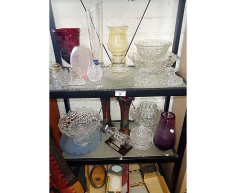 Shelf of assorted china and Vintage souvenir snapshot photograph packs, photo frames etc in a wooden tray