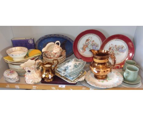 Shelf of assorted china plates, including a Midwinter Stylecraft Fashion shape dish and two lustre jugs, various Masons items