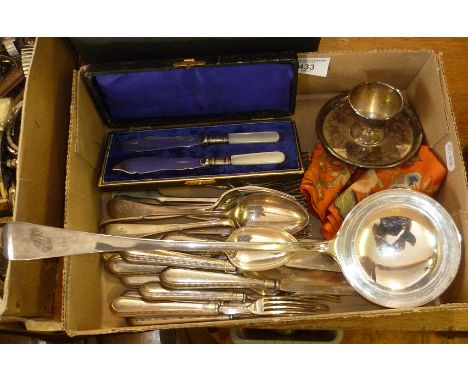 Large silver plated ladle, silver plated cutlery sets and cased pair of butter spreaders