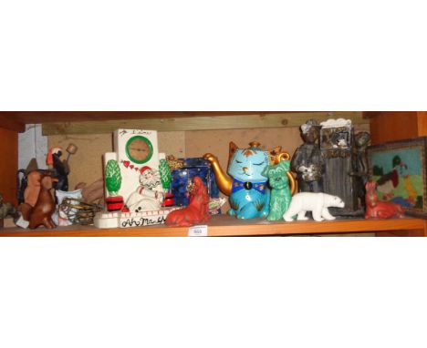 Ceramic model group of a Punch &amp; Judy booth and novelty cat teapot and other