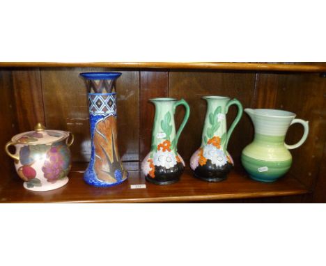 Shelley china Art Deco jug, a Royal Venton biscuit barrel, two Hancock Ivory Ware jugs and a Chameleon Ware vase