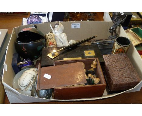 Collection of assorted items, inc. chess sets, box and bronze figurine, Russian doll case, etc.