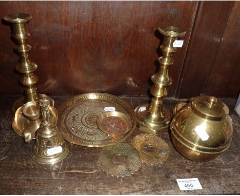 Collection of brassware, candlesticks, 1924 tea caddy etc