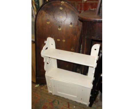 Painted pine wall shelf/cupboard and a bagatelle board