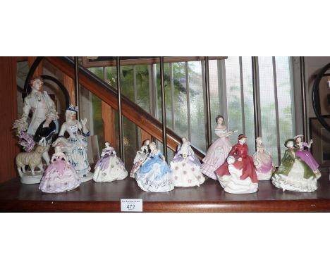 Coalport and Royal Doulton lady figurines, etc. (shelf of)