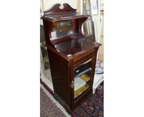 Edwardian mahogany music cabinet with glazed door and upper section with shelf and mirror