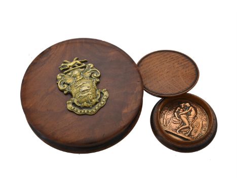 
	
		A walnut and gilt metal mounted snuff box, late 19th century, with applied armorial with motto "Perseverando" to the lid