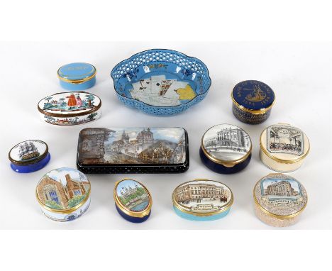 
	
		Boxes to include a 19th century German enamel oval snuff box, courting couple decoration, 8.5cms wide; Staffordshire gam
