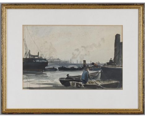 
	
		λ&nbsp;Claude Muncaster (1903-1974) 
		"High Tide Pool of London, 1924"
		Watercolour
		Signed to paper- attached to rev