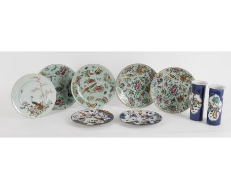 
	
		Four similar Chinese famille rose plates on celadon ground 26cm diameter, late 19th /early 20th century; three Chinese e
