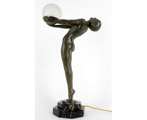 
	
		After Max Le Verrier- an Art Deco style 'Clarte' lamp, late 20th century, in the form of a nude maiden supporting a fros